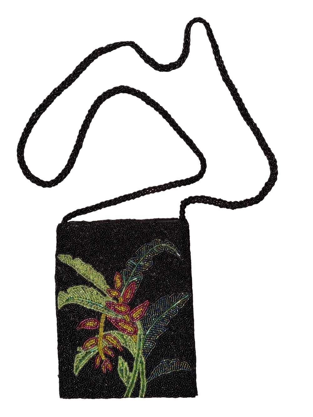 Beaded Black Floral Statement Crossbody Bag Y2K Hawaiian Tropical Resort Artsy